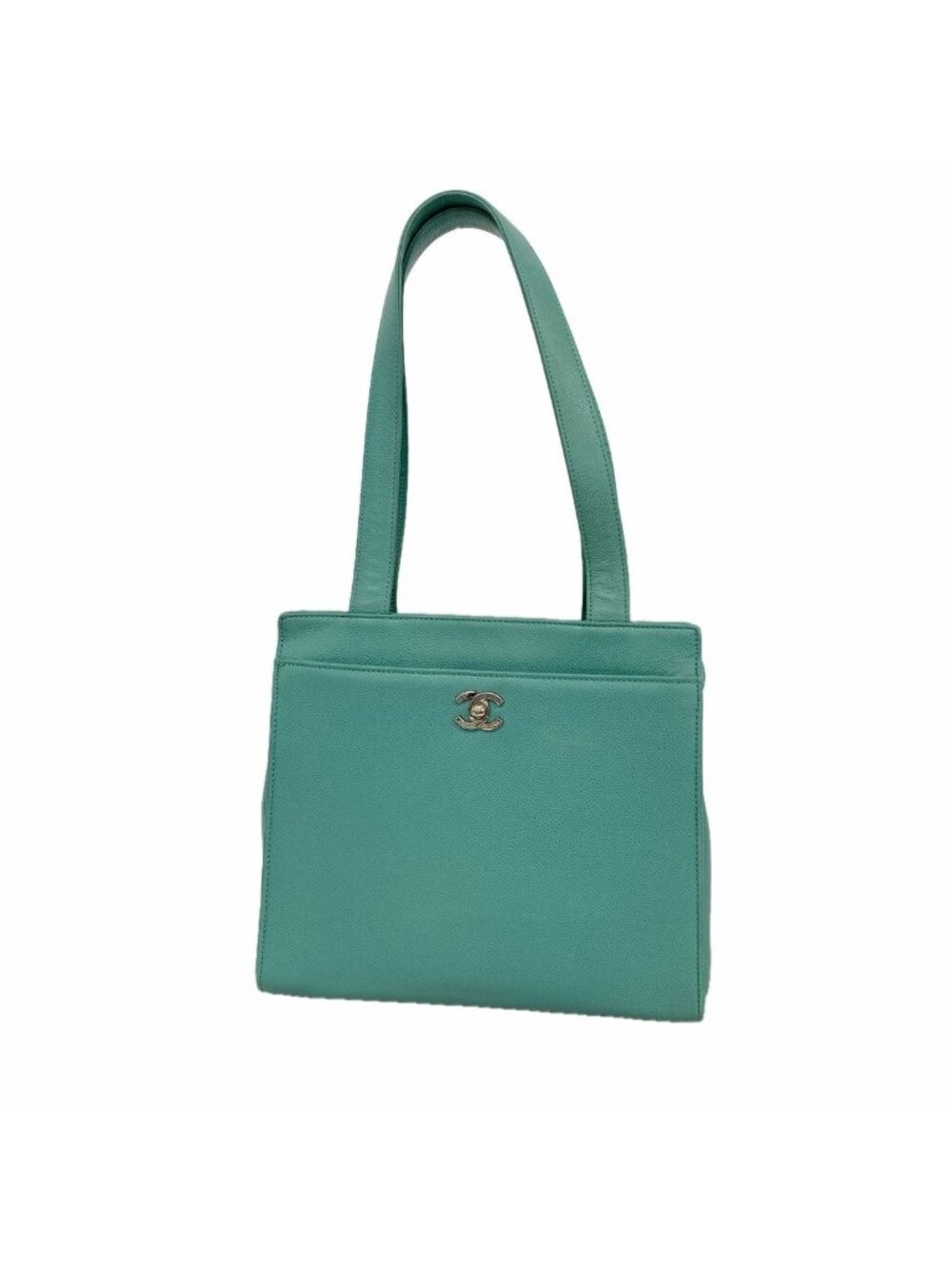 Chanel Shoulder Bag Caviar Leather Turquoise Blue Silver